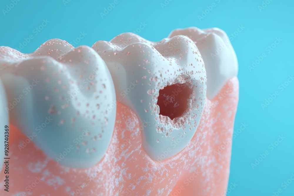 Fototapeta premium This is an intricate and detailed threedimensional model that prominently showcases a decayed tooth featuring visible plaque. It is ideal for use in dental education and promoting health awareness