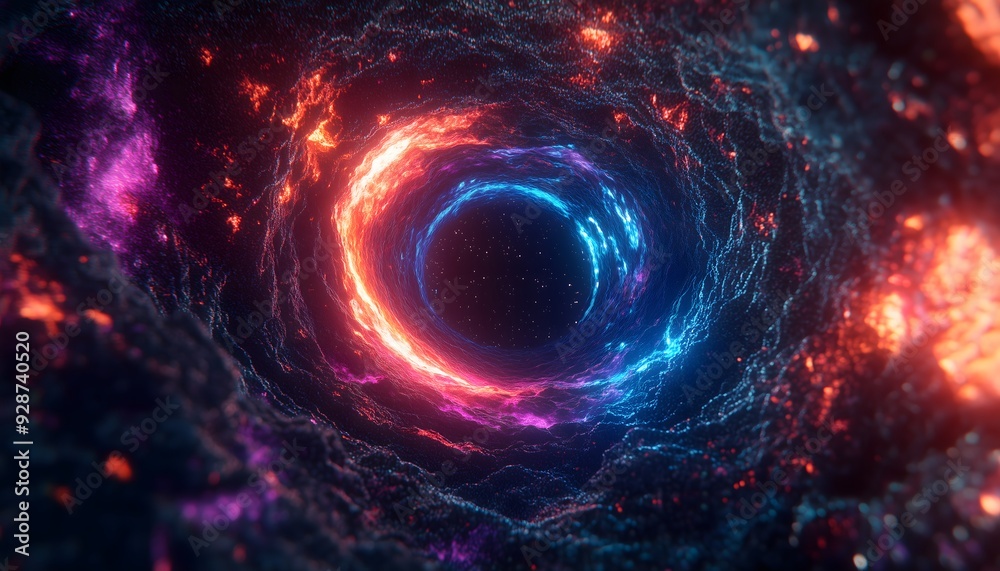 A dark but colorful cosmic tunnel leading into the vast expanse of space