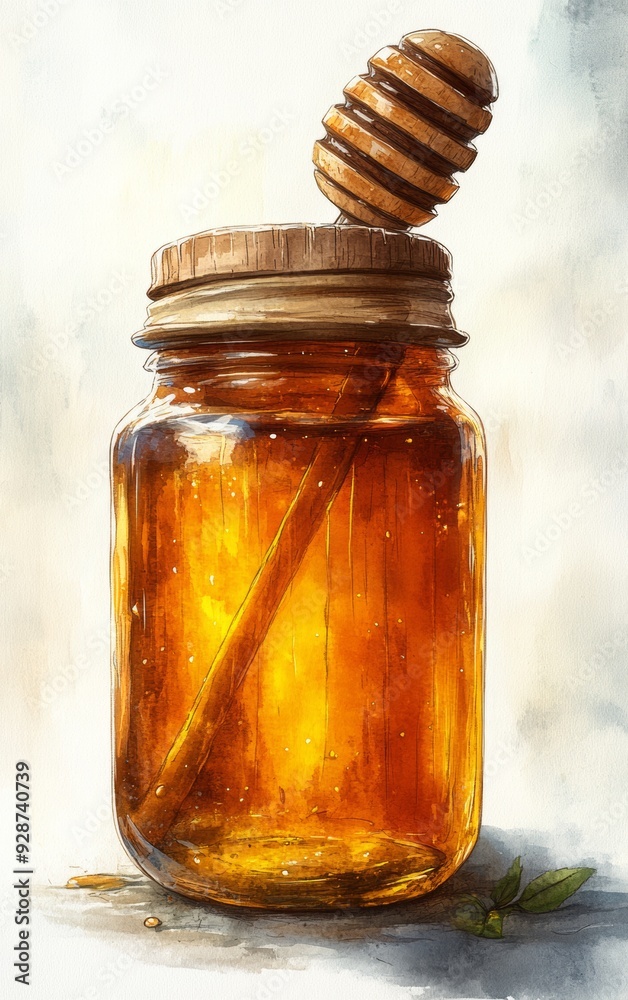 A beautiful jar of honey with a wooden dipper, showcasing rich amber tones and a natural, organic appeal. A beautiful jar of honey with a wooden dipper, showcasing rich amber tones and a natural, organic appeal.