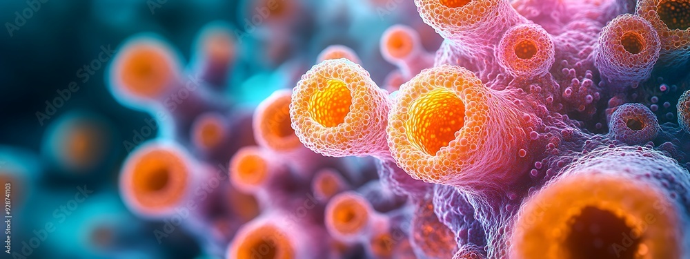 Close-up of monkeypox virus cells under a microscope, vibrant colors highlighting the viral structure Close-up of monkeypox virus cells under a microscope, vibrant colors highlighting the viral structure