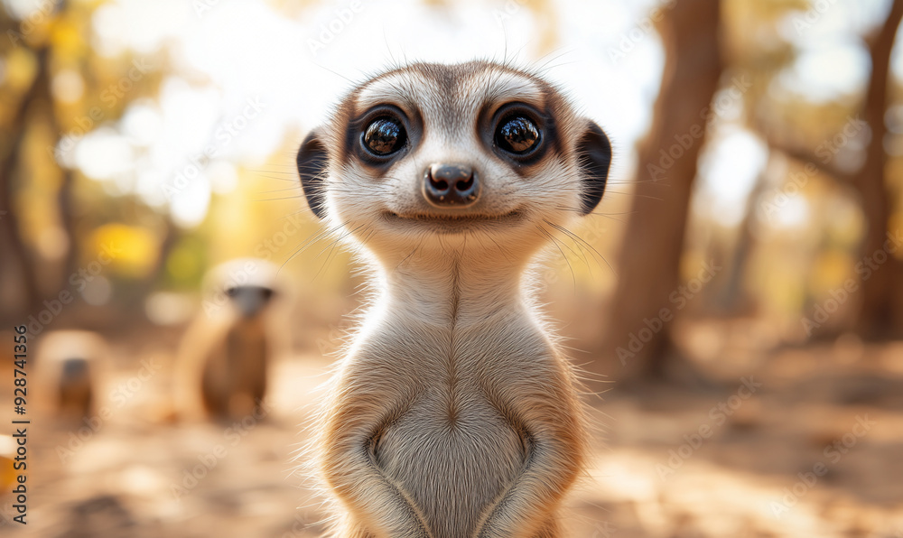 Front view of a curious cute adorable meerkat up close and personal with the family looking on in the distance Front view of a curious cute adorable meerkat up close and personal with the family looking on in the distance