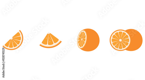Vector set of fresh oranges icon. Orange fruits on white isolated background. Orange vector slices collection	