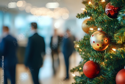 Christmas Tree Ornaments with Blurred People in the Background