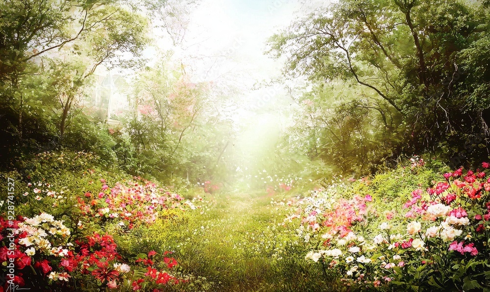 Garden in a dreamy fantasy landscape, lush vegetation, digital illustration Garden in a dreamy fantasy landscape, lush vegetation, digital illustration