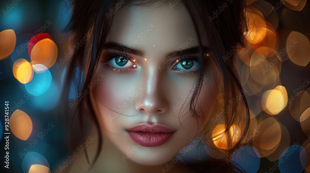 A mesmerizing close-up portrait of a woman with stunning blue eyes and radiant skin, against a dreamy bokeh background of vibrant lights