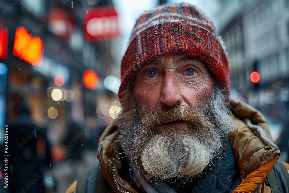 A contemplative elderly man with a long beard and red knitted hat standing on a busy city street during a light snowfall, surrounded by blurred lights and urban architecture A contemplative elderly man with a long beard and red knitted hat standing on a busy city street during a light snowfall, surrounded by blurred lights and urban architecture
