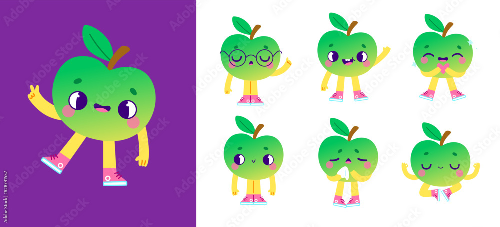 Cute apple fruit mascot poses set. Retro cartoon vector fresh character with emotion. Baby food mascot. Cute apple fruit mascot poses set. Retro cartoon vector fresh character with emotion. Baby food mascot.
