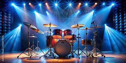 Drum Set Under Blue Spotlight, Drum kit, Performance, Music, Stage