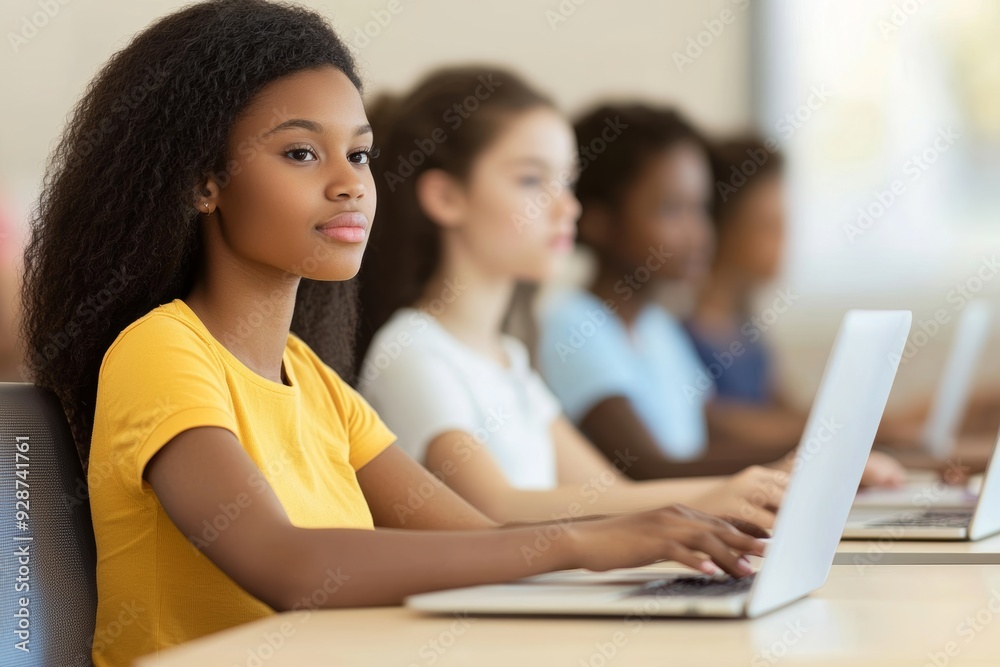 A diverse group of primary learners are seated around a Black female teacher explaining new information using a laptop as they sit at a desk during elective lessons A diverse group of primary learners are seated around a Black female teacher explaining new information using a laptop as they sit at a desk during elective lessons