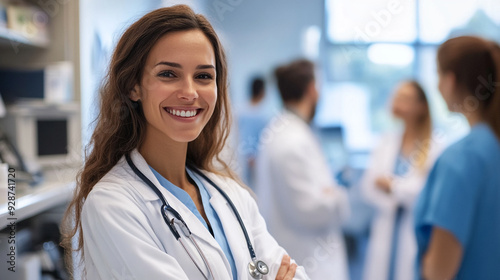 Attractive female doctor in front of medical group Free Download Attractive female doctor in front of medical group - GFXLoad