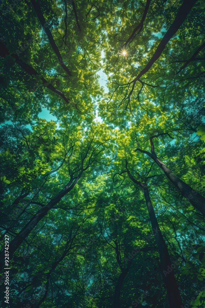 Tall trees in a dense, vibrant green forest with a sunbeam shining through the lush canopy, creating a serene and breathtaking natural landscape Tall trees in a dense, vibrant green forest with a sunbeam shining through the lush canopy, creating a serene and breathtaking natural landscape