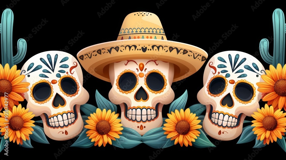 Three skulls with a sombrero and flowers in the background Three skulls with a sombrero and flowers in the background