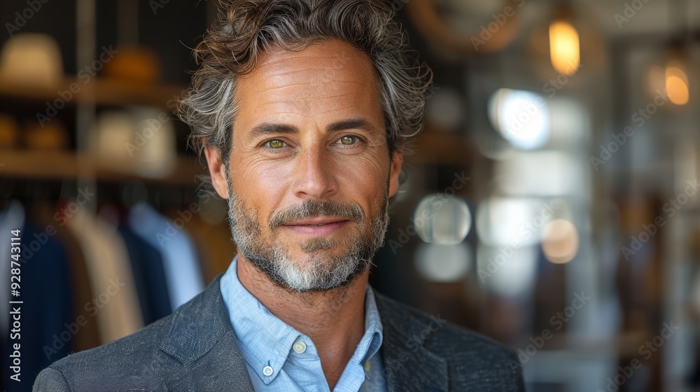 Stylish man with curly hair posing confidently in a modern boutique during daylight Stylish man with curly hair posing confidently in a modern boutique during daylight
