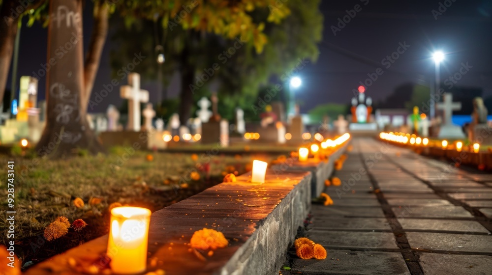 cemetery at night with candles lit on the ground