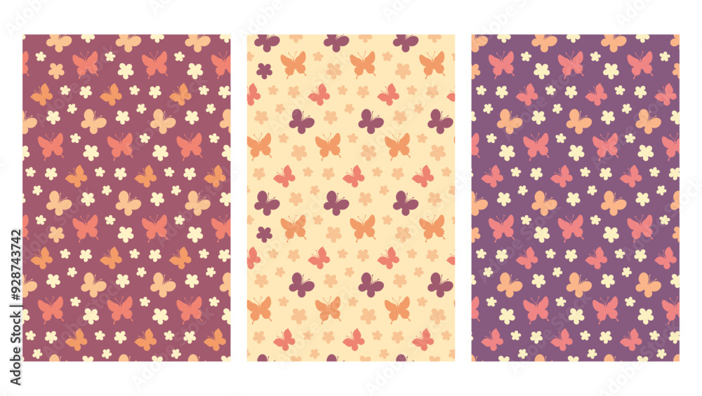 Set of seamless floral patterns with butterflies and daisies, silhouette