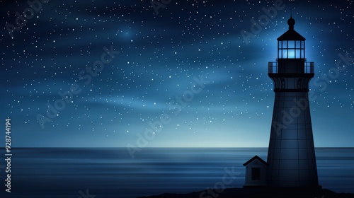 A lighthouse with starry sky patterns in contrasting vibrant hues