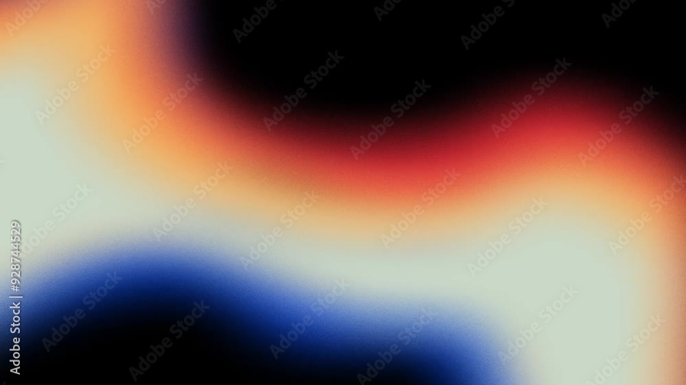 Grainy abstract background Animation, dark noisy poster black backdrop blue white orange red glowing color wave banner design, copy space