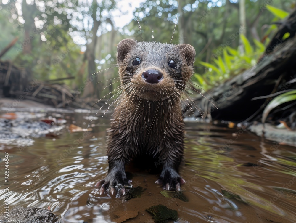 Adorable baby mammal with curious expression standing in shallow water amidst lush forest vegetation, surrounded by nature's beauty Adorable baby mammal with curious expression standing in shallow water amidst lush forest vegetation, surrounded by nature's beauty