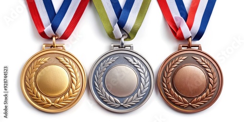 Gold, Silver, and Bronze Medals with Laurel Wreaths, medal, award, competition, victory