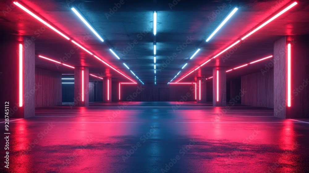 Empty Garage Illuminated by Neon Lights Empty Garage Illuminated by Neon Lights