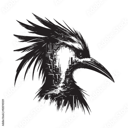 silhouette of Bird of Paradise filled with destroyed futuristic dystopia environment in rough drawing