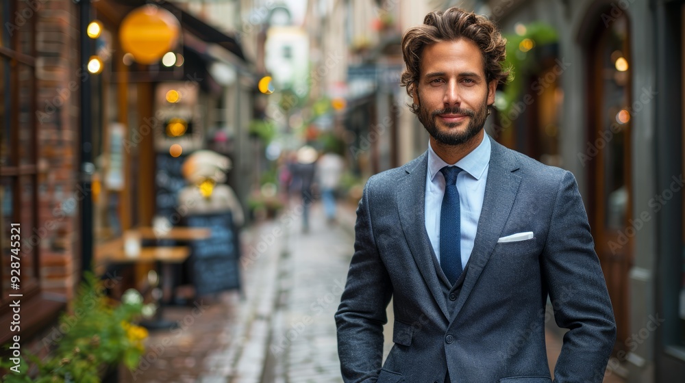 Stylish man in a tailored suit standing confidently in a cobblestone alley lined with cafes and shops in the early afternoon Stylish man in a tailored suit standing confidently in a cobblestone alley lined with cafes and shops in the early afternoon