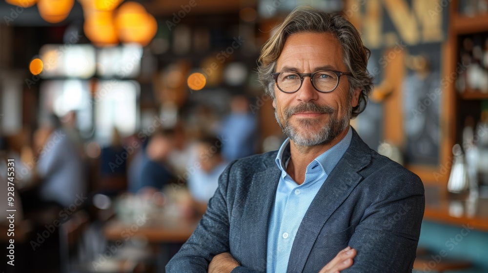Fototapeta premium Confident entrepreneur posing in a lively restaurant during lunchtime