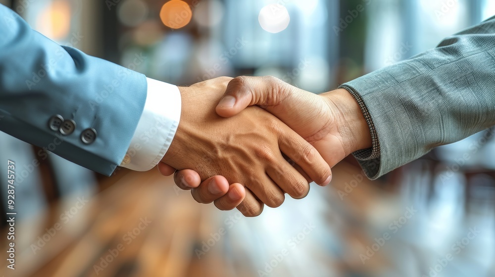 Two business professionals shaking hands in a modern office setting during the day Two business professionals shaking hands in a modern office setting during the day