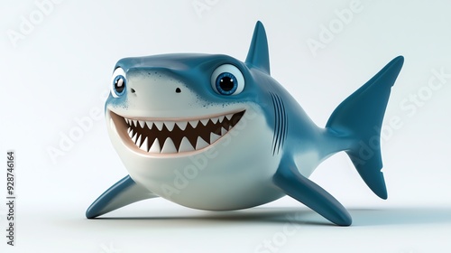 A cartoon shark with big eyes smiles and looks at the camera.