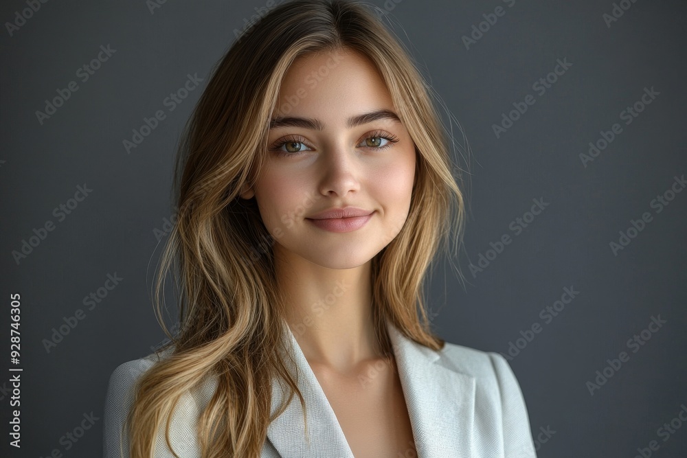Beautiful young business woman portrait, Smiling cute girl with long hair studio shot, Isolated on gray background, Generative AI Beautiful young business woman portrait, Smiling cute girl with long hair studio shot, Isolated on gray background, Generative AI