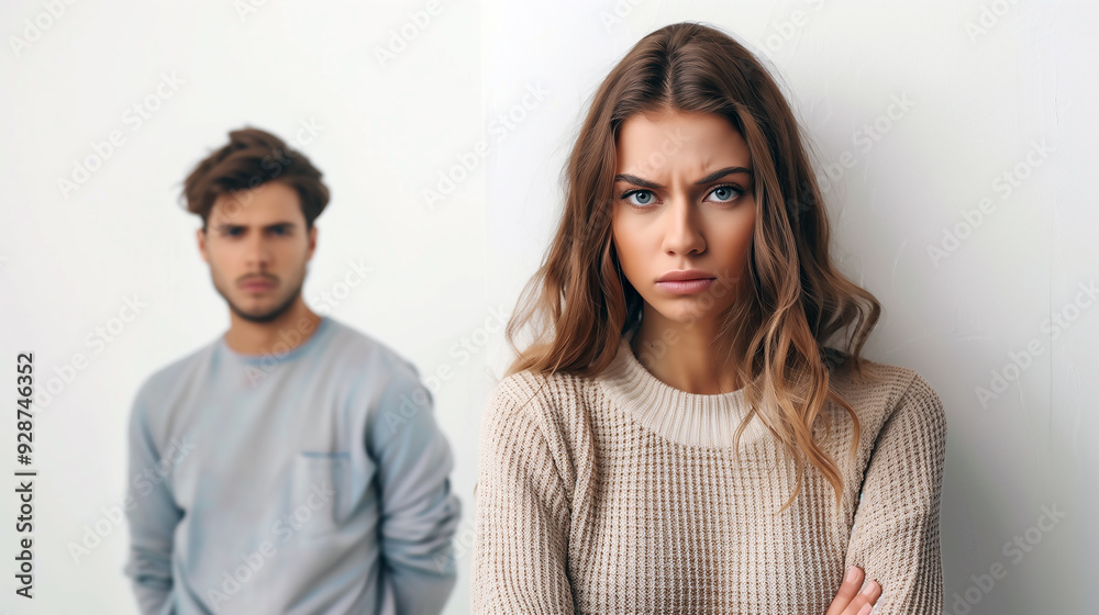 A beautiful woman with an angry expression stands in front of her husband, who is standing behind a white wall. The man has his arms crossed and looks at her from afar A beautiful woman with an angry expression stands in front of her husband, who is standing behind a white wall. The man has his arms crossed and looks at her from afar
