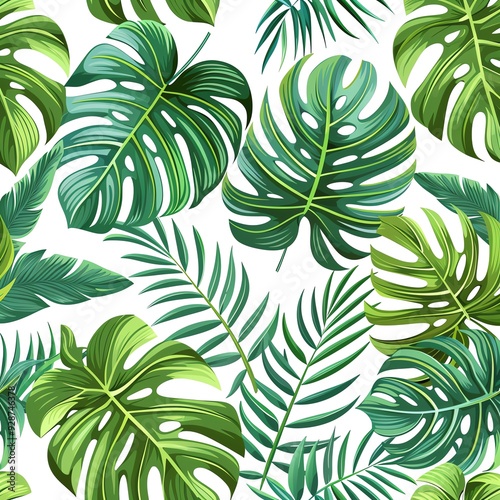 Seamless pattern with tropical leaves on white background. Green foliage design for textile, wallpaper, and more.