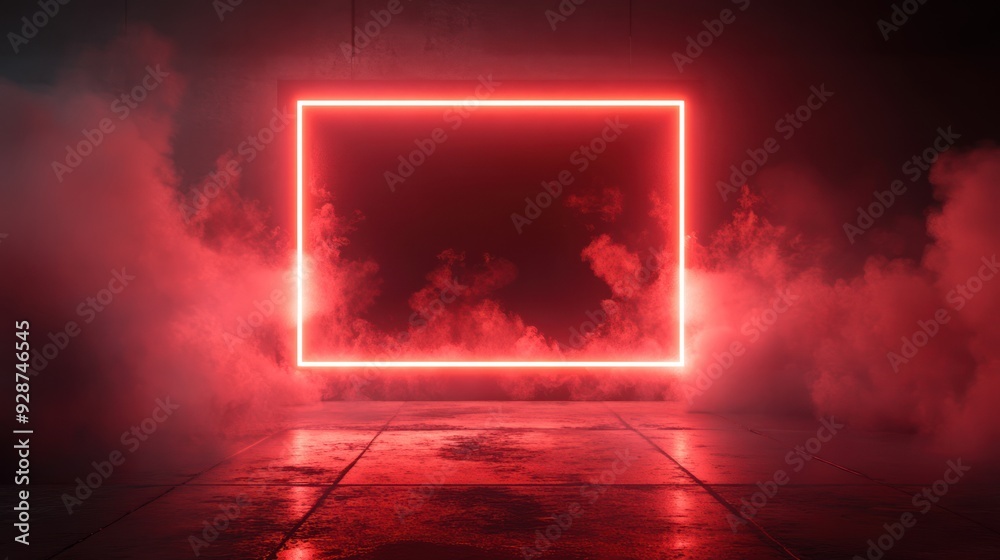 Glowing Red Neon Square in Smoky Room Glowing Red Neon Square in Smoky Room