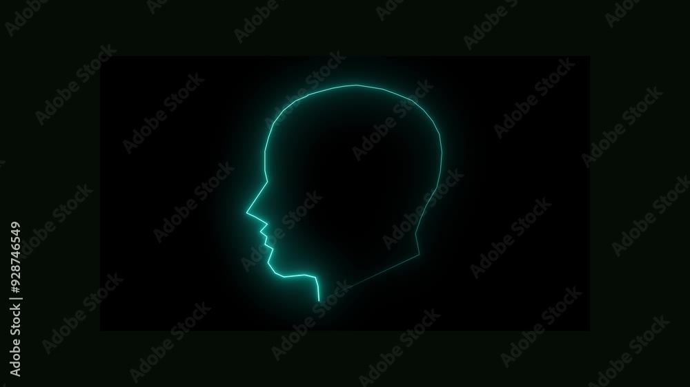 cyan color head icon. Human head with question marks .neon animation 4k black background. cyan color head icon. Human head with question marks .neon animation 4k black background.