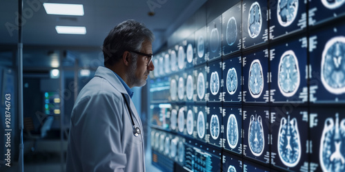 A senior male doctor in a lab coat, examines multiple brain scans displayed on digital screens in a modern, dimly-lit medical facility. Professional focus on neurological diagnostics and brain health.