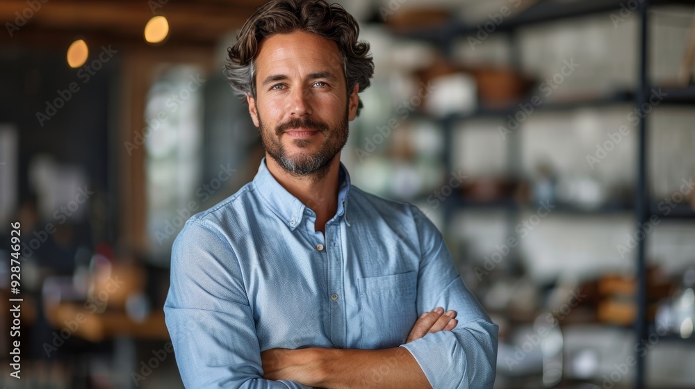 Man with curly hair stands confidently in a bright, modern workspace with shelves in the background Man with curly hair stands confidently in a bright, modern workspace with shelves in the background