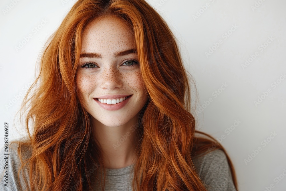 Fototapeta premium Closeup of happy attractive young woman with long wavy red hair and freckles wears stylish t shirt looks happy and smiling isolated over white, Generative AI