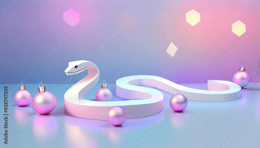Minimalistic image of a white snake with geometric shapes on a pastel background with a pink and blue gradient. Sparkling pink New Year's balls are placed around the snake, creating a festive