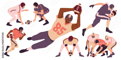 Set of Rugby players. Athletes in sports uniforms and helmets play American football, throwing and catching ball. Team Sports Game. Flat vector illustration collection isolated on white background