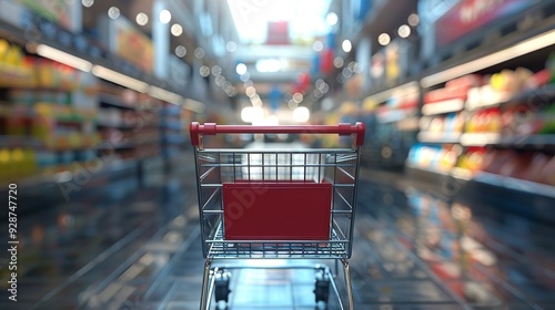 A shopping cart parked by a blue wall