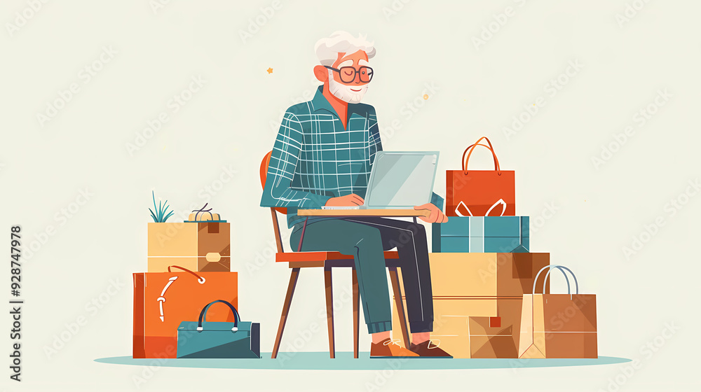 male teenager working with laptop, shopping online, making call. Importance of digital literacy for elderly people vector image male teenager working with laptop, shopping online, making call. Importance of digital literacy for elderly people vector image