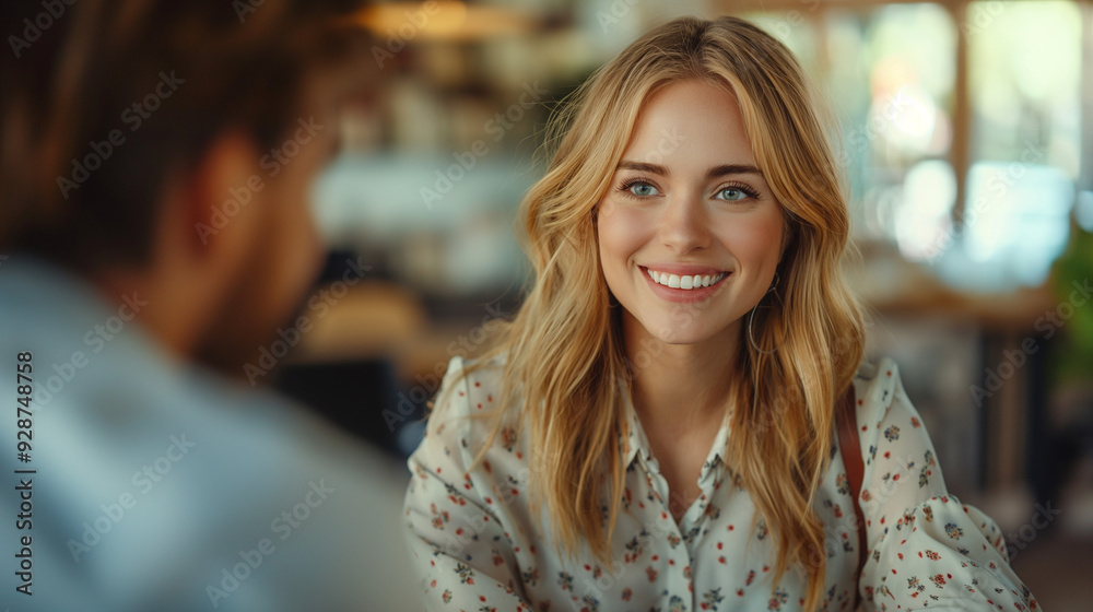 Fototapeta premium A young blonde woman in a professional interview in a corporate office