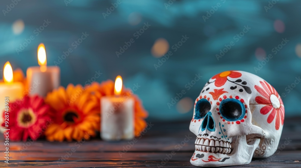 A skull with flowers painted on it sits on a table next to candles