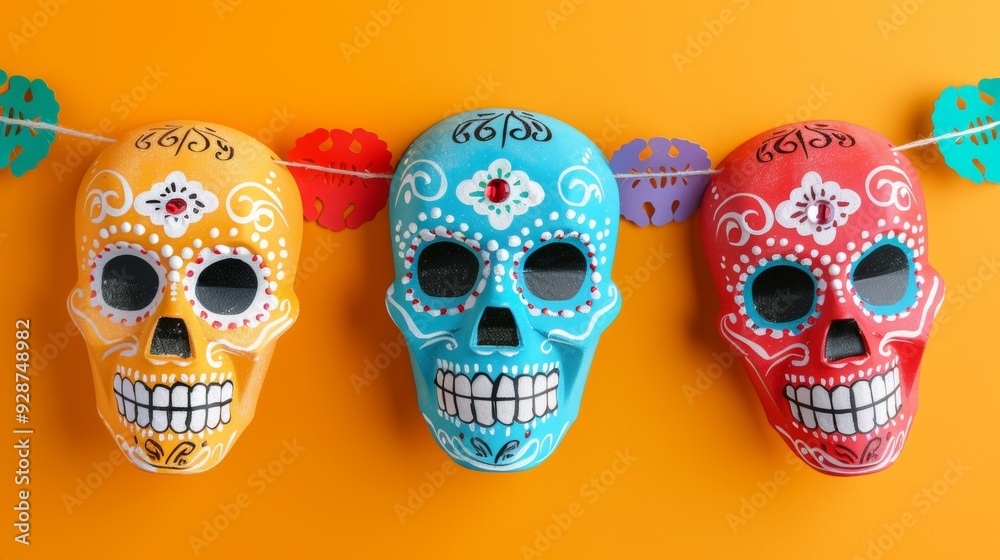 Three skulls are hanging from a string, with one being blue, one being red Three skulls are hanging from a string, with one being blue, one being red