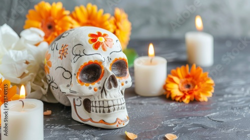 A skull with flowers and candles on a table