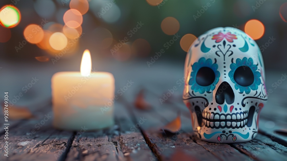 A candle is lit next to a skull A candle is lit next to a skull
