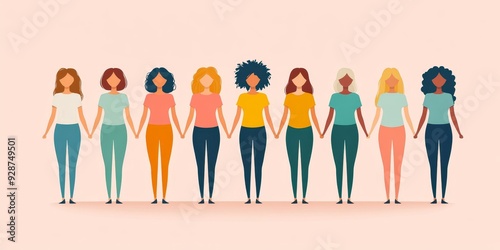 Diverse international group of standing women or girl holding hands. Sisterhood, friends, union of feminists. Flat illustration, Generative AI