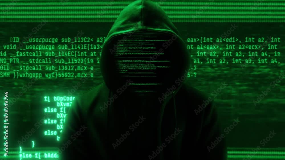 Hacker with hoodie and glitch face. Computer abstract digital code at the background. Dark web or darknet fraud. Cryptocurrency bitcoin mixer concept. Cybersecurity and social network data protection