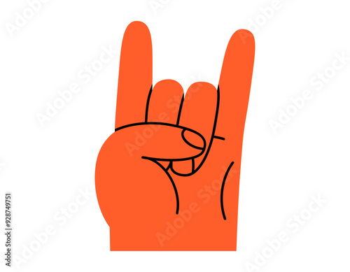 Hand drawn cute cartoon illustration of devil horns hand gesture. Flat vector heavy metal human arm sign sticker in doodle style. Rock on festival icon. Music concert communication. Isolated.