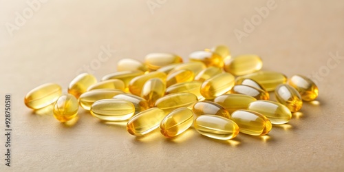 Little oil filled yellow softgel capsules of food supplements on beige background, diet, nutrition, healthy eating, supplements photo